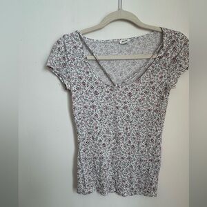 Garage White Short Sleeve Scoop Neck Top with Pink Floral